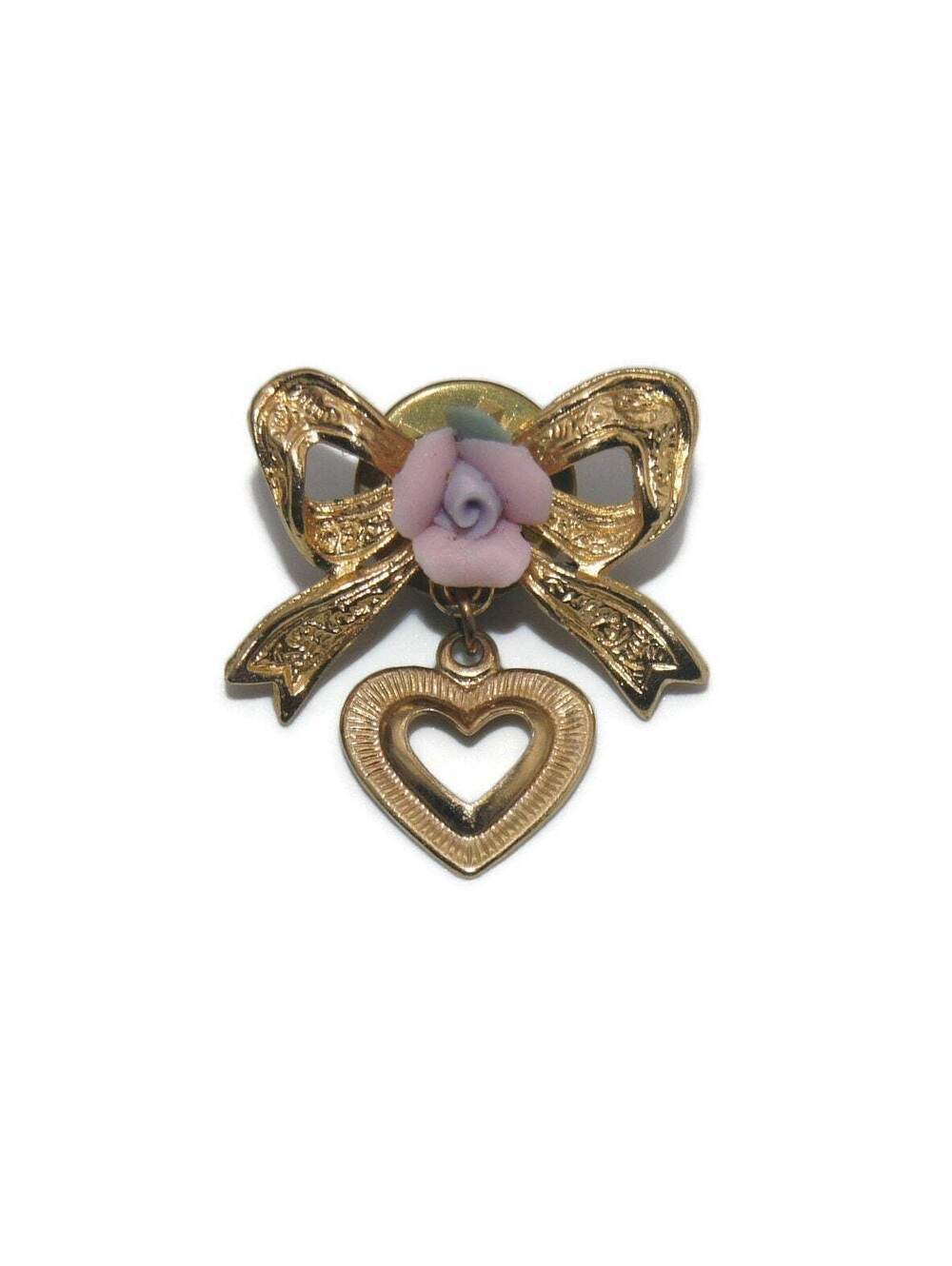 Vintage Gold Tone Bow and Heart Lapel Pin with Pink Ceramic Rose Flower.